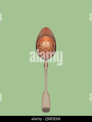 Homemade fresh fried snack doughnut frosted with cinnamon and sugar on the spoon. Doughnut Holes. Stock Photo