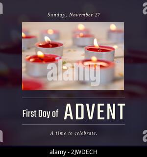 Composition of first day of advent text with candles on blurred background Stock Photo