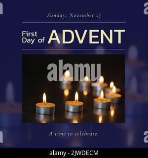 Composition of first day of advent text with candles on blurred background Stock Photo
