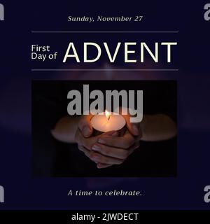 Composition of first day of advent text with hand holding candle on blurred background Stock Photo