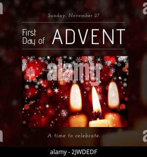 Composition of first day of advent text with candles and snowflakes on blurred background Stock Photo