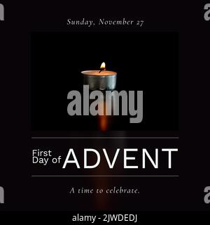 Composition of first day of advent text with candle on black background Stock Photo