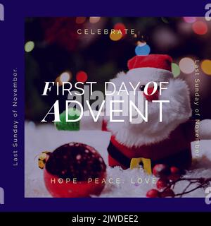 Composition of first day of advent text over christmas decorations Stock Photo
