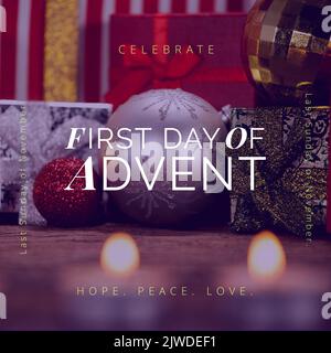 Composition of first day of advent text over candles and christmas decorations Stock Photo