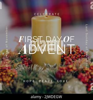 Composition of first day of advent text over candle and christmas decorations Stock Photo