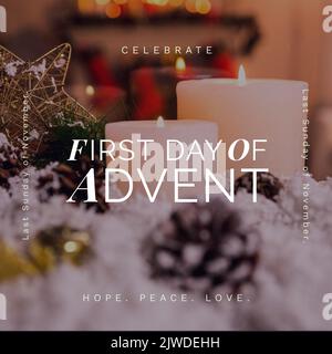 Composition of first day of advent text over candles and christmas decorations Stock Photo