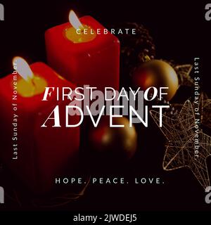 Composition of first day of advent text over candles and christmas decorations Stock Photo
