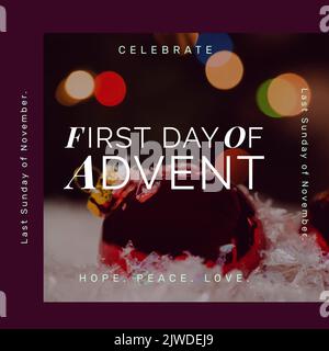 Composition of first day of advent text over christmas decorations Stock Photo