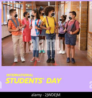 Composition of international students' day text with diverse schoolchildren wearing face masks Stock Photo