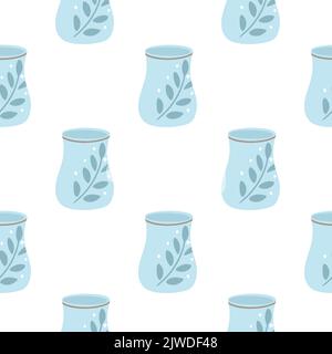 Blue painted bowls for drinks seamless pattern. Kitchen pottery background. Print with porcelain cups for textile, wrapping, paper vector illustration Stock Vector