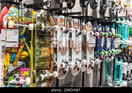 ST. PETERSBURG, RUSSIA - AUGUST 14, 2022: skateboards in the shop Stock Photo