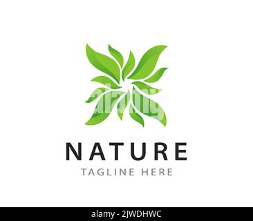 Ecology logotype with green leaves in creative round shape. Seal with text caption - Name and Description or Slogan. Stock Vector