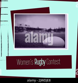 Composition of womens rugby contest text over sports stadium Stock Photo