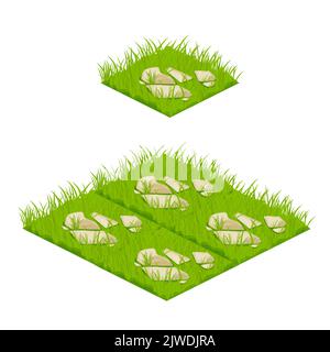 Set isometric tile lawn map elements grass, stones in cartoon style isolated on white background, constructor for app, ui. . Vector illustration Stock Vector
