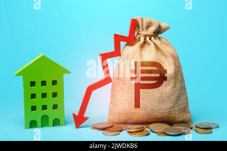 Philippine peso money bag with red arrow down and green house. Reduced costs for home services, energy efficiency. Profitability of using green eco te Stock Photo