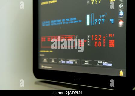 close-up of medical monitor with blood pressure and saturation measurement in an ICU room. Stock Photo