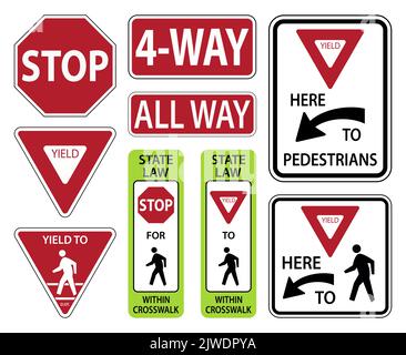 Traffic road sign all way,4-way,stop here to pedestrians warning Stock Vector