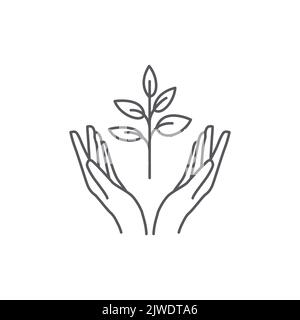 Hand and Plant icon design. plant leaf Pictogram. seed and hand linear logo. Tree in hand vector. Vector illustration Stock Vector