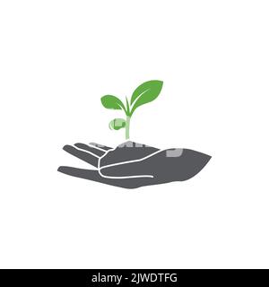 Hand and Plant icon design. plant leaf Pictogram. seed and hand linear logo. Tree in hand vector. Vector illustration Stock Vector
