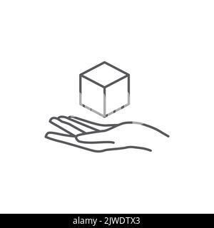 handle with care sign. Hand holding box iocn. Box in hands icon vector. giving icon symbol. hand and box linear ivon. Vector illustration Stock Vector