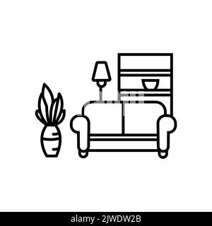 Apartment interior pixel perfect linear icon. Living room furniture. Cosy home. Couch, sofa. Thin line customizable illustration. Contour symbol. Vect Stock Vector