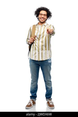 happy smiling man in glasses with backpack Stock Photo