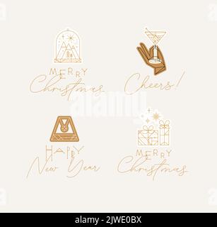 Christmas and Happy New Year art deco labels with lettering drawing in modern vintage line style on beige background Stock Vector