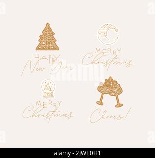 New Year and Christmas art deco labels with lettering drawing in modern vintage line style on beige background Stock Vector