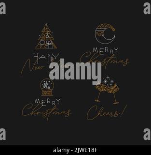 Set of Christmas and Happy New Year art deco labels with lettering drawing in modern vintage line style Stock Vector