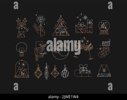 Set of christmas icons drawing in art deco vintage style on dark background Stock Vector