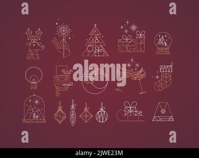 Set of christmas icons drawing in art deco line style on red background Stock Vector
