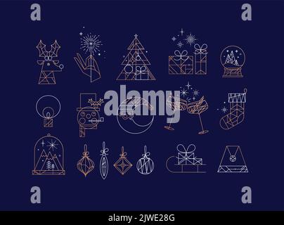 Set of christmas icons drawing in art deco line style on blue background Stock Vector