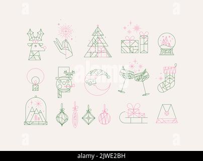 Set of christmas icons drawing in art deco line style on beige background Stock Vector
