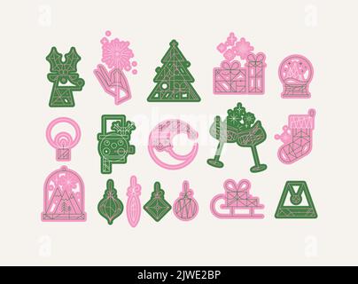 Set of christmas icons drawing in art deco line style on beige background Stock Vector
