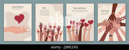 Leaflet - cover with group of volunteer diversity people - editable poster template.Hand up holding a heart in their hand.Charity solidarity donation Stock Vector