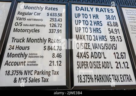 Parking Garage Rates Sign in New York City,  2022 Stock Photo