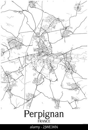 Black and white classic urban map of Perpignan France.This map contains geographic lines for main and secondary roads. Stock Photo