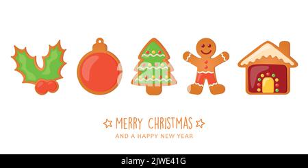 christmas greeting card with cookies gingerbread set sweet decoration Stock Vector