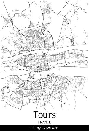 Black and white classic urban map of Tours France.This map contains geographic lines for main and secondary roads. Stock Photo