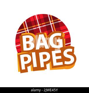 Bagpipes Badge with Scottish Tartan. Round Vector illustration of Sticker for Folk Music Club or Festival. Stock Vector