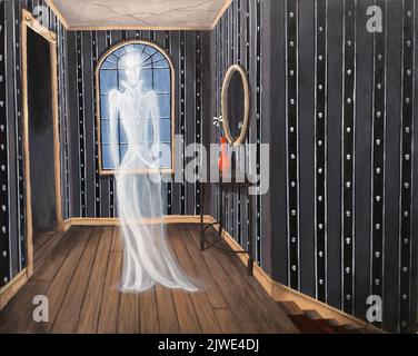 Scary ghost woman in an old haunted house at night - 3d rendering Stock ...