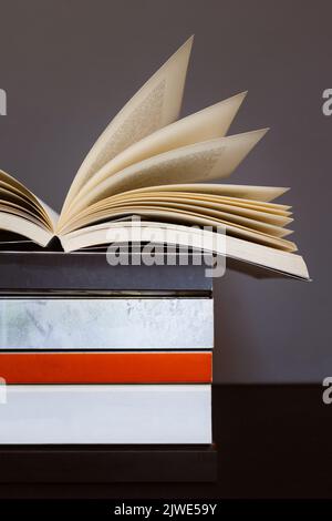 Close-up of an open book on top of pile of books showing half of empty book spine. Concept of reading, literature or knowledge Stock Photo