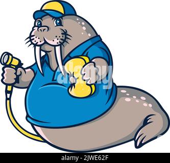 Walrus holding a sponge and a hose for washing car. Fun mascot design. Stock Vector