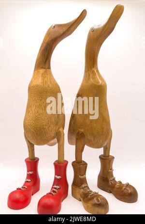 close-up of a pair of carved wooden duck figures wearing coloured lace up boots, white background Stock Photo