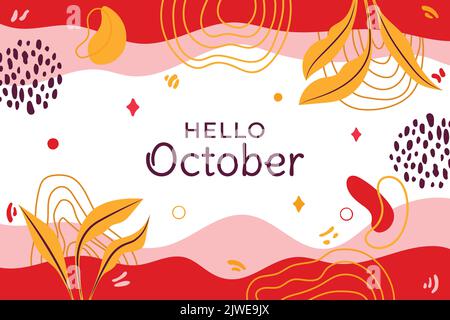 Hello October Floral Abstract Typography Social media post vector Illustration. Memphis pattern design horizontal background. Greeting card promotion Stock Vector