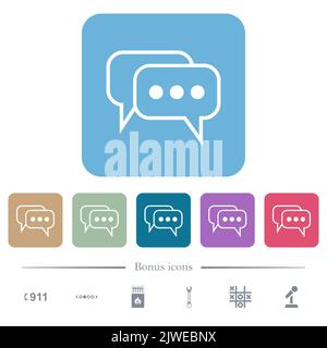 Two rounded square active chat bubbles outline white flat icons on color rounded square backgrounds. 6 bonus icons included Stock Vector