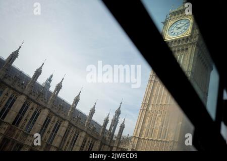 On the day that Liz Truss MP was elected by Conservative Party members, to replace Boris Johnson and be their new leader and the UK's next Prime Minister, the Houses of Parliament are seen from a passing bus, on 5th September 2022, in London, England. In a 2 month-long candidate election that followed Johnson's removal from office, Truss beat her last rival Rishi Sunak, with a majority of 57% of the vote. Stock Photo