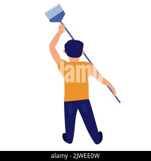 Man painter with roller vector illustration icon. Person paint and work with brush tool. Worker character professional service with equipment. Interio Stock Vector