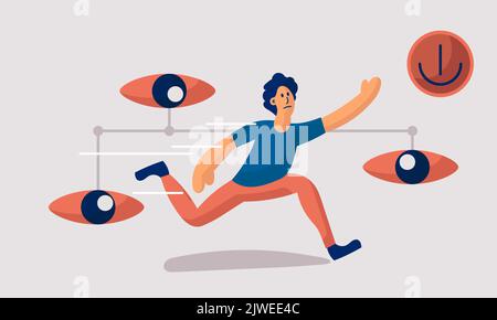 Internet surveillance and man run from technology. Datum security protection and control privacy vector illustration. Camera system secure person and Stock Vector