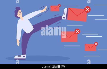 Man stop spam and internet mail protection. People security message and warning email vector illustration. Red web envelope and virus correspondence w Stock Vector